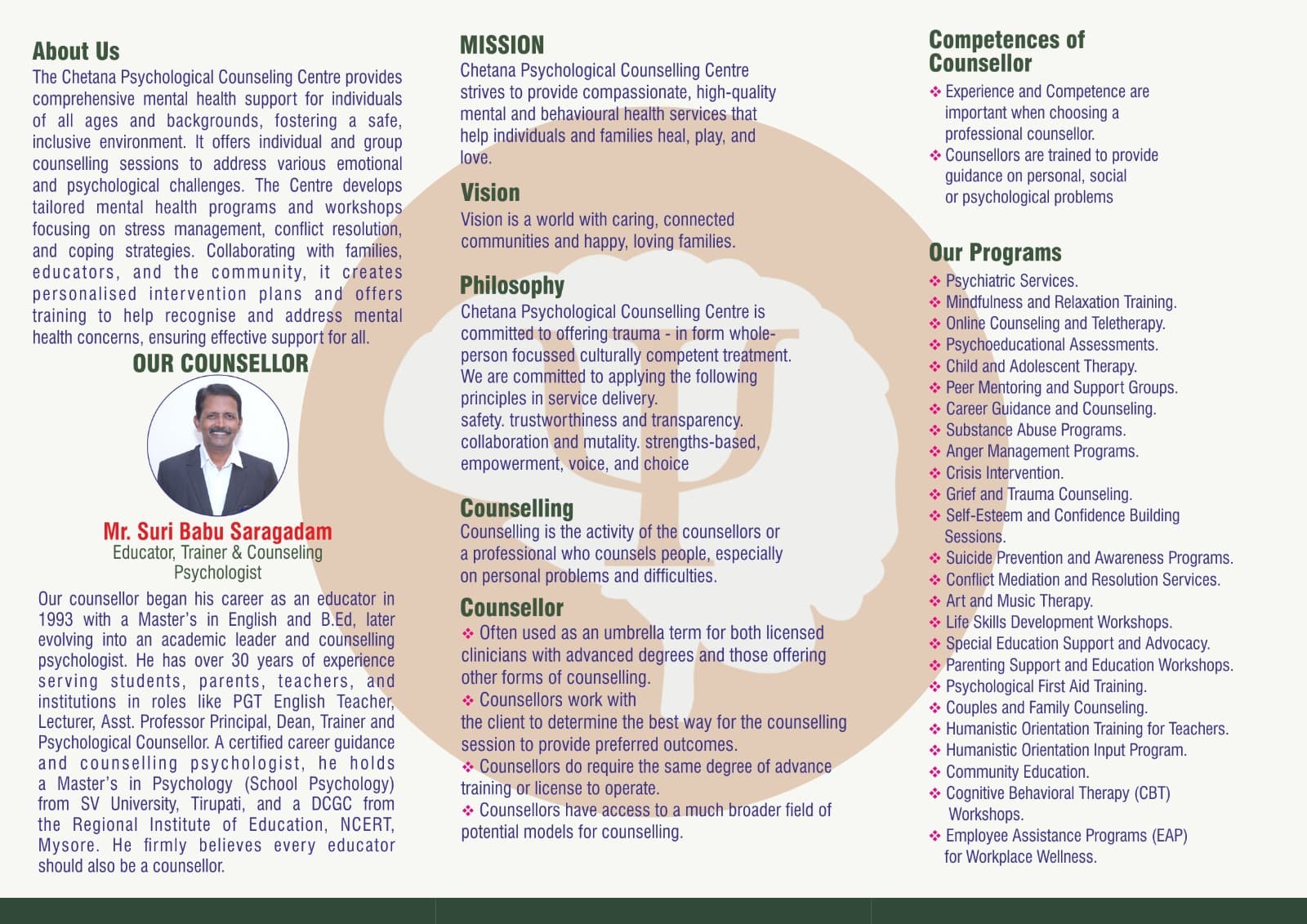 Chetana counselling centre profile, mission, philosophy and programmes pamphlet